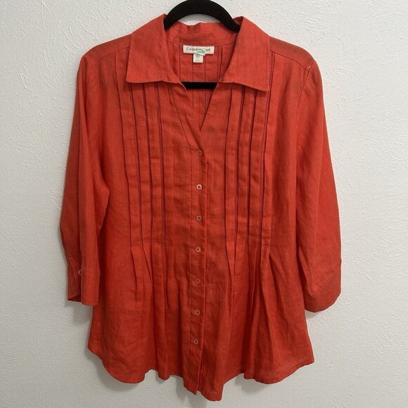 Coldwater Creek Sz L Pleated Tunic 100% Linen Art Boho Lagenlook Shirt Top Beach - Picture 1 of 15